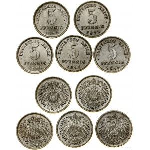 Cesarstwo Niemieckie, zestaw 5 x 5 fenigów, 1915 / A,D,E,F,J, Berlin, Monachium, Muldenhütten, Stuttgart, Hamburg