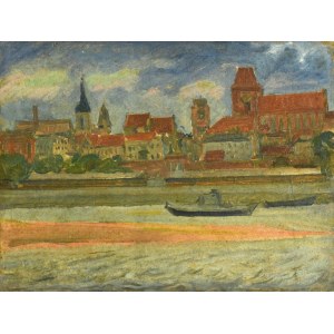Józef PIENIĄŻEK (1888-1953), Boote auf dem Fluss vor der Kulisse der Stadt