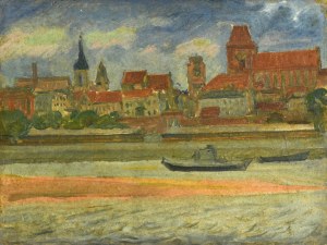 Józef PIENIĄŻEK (1888-1953), Łodzie na rzece na tle panoramy miasta