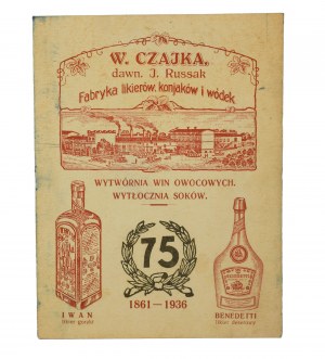 Továreň na likéry, koňaky a vodky W. CZAJKA predtým J. RUSSAK Cenník 1936.