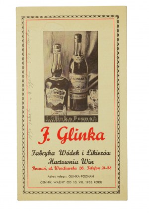 Fabryka wódek i likierów , hurtownia win J. GLINKA Poznań CENNIK ważny od 10.VIII.1935 roku