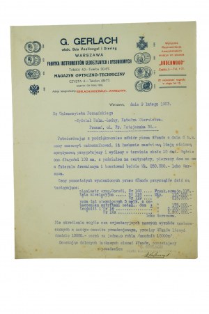 G. GERLACH Fabrik für Vermessungs- und Zeicheninstrumente Rücksendung der Korrespondenz an die Universität Poznan 9.02.1923.