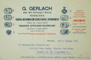 G. GERLACH Továrna na měřické a rýsovací přístroje vrací korespondenci univerzitě v Poznani 9.2.1923.