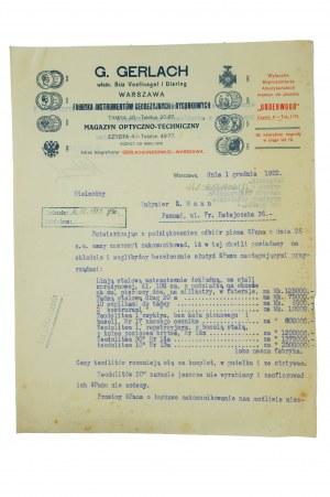 G. GERLACH Factory of Surveying and Drawing Instruments , ensemble de correspondance de fin 1922
