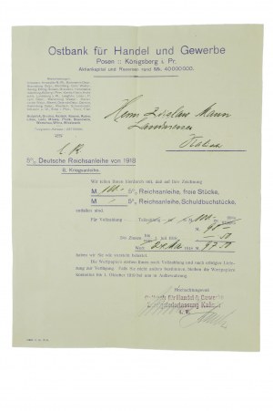 Ostbank für Handel und Gewerbe Posen Königsberg i. Pr. , korespondence týkající se 5% německé říšské půjčky z roku 1918 (8 válečných dluhopisů)