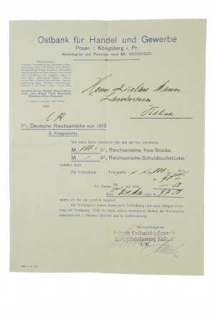 Ostbank für Handel und Gewerbe Posen Königsberg i. Pr. , korespondencja dotycząca 5% Niemieckiej Pożyczki Cesarskiej z 1918 roku (8 obligacji wojennej)