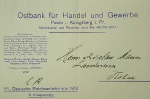 Ostbank für Handel und Gewerbe Posen Königsberg i. Pr. , korespondencja dotycząca 5% Niemieckiej Pożyczki Cesarskiej z 1918 roku (8 obligacji wojennej)