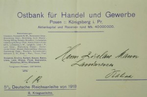 Ostbank für Handel und Gewerbe Posen Königsberg i. Pr. correspondance concernant l'emprunt impérial allemand de 5 % de 1918 (8 obligations de guerre)