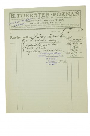 H. FOERSTER Poznań rachunek dla Katedry Miernictwa Uniwersytetu Poznańskiego [podziałka, teka palna, węgielnice zwierciadlane] 7.IV.1922r.