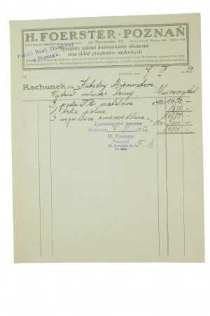 H. FOERSTER Poznań fattura per il Dipartimento di Misurazione dell'Università di Poznań [scala, cartella firefox, carboni specchiati] 7.IV.1922.