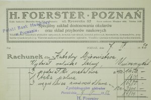 H. FOERSTER Poznań rachunek dla Katedry Miernictwa Uniwersytetu Poznańskiego [podziałka, teka palna, węgielnice zwierciadlane] 7.IV.1922r.