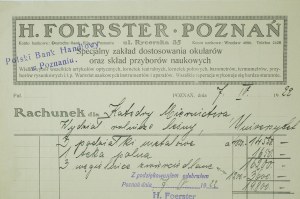H. FOERSTER Poznań fattura per il Dipartimento di Misurazione dell'Università di Poznań [scala, cartella firefox, carboni specchiati] 7.IV.1922.