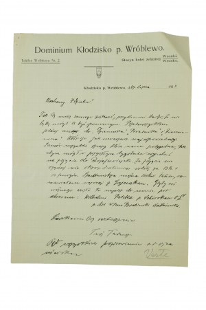 Dominium Kłodzisko p. Wróblewo , 27 lipca 1913r. korespondencja w języku polskim