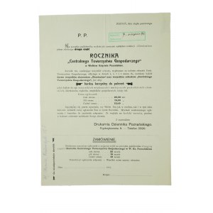 Ziemianin ROCZNIK Centralnego Towarzystwa Gospodarczego w Wielkim Księstwie Poznańskiem, druk zamówienia na reklamę w tym wydawnictwie, 7 sierpnia 1913r.