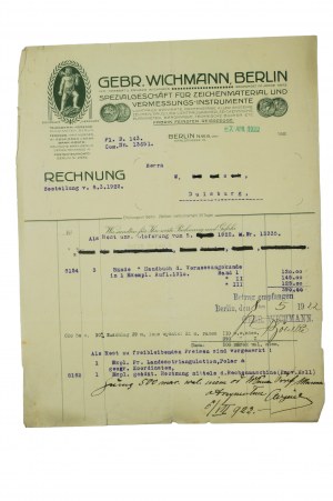 GEBR. WICHMANN Berlin Specializovaná prodejna rýsovacích potřeb a měřidel, ÚČET ze dne 7. dubna 1922.