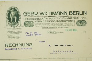 GEBR. WICHMANN Berlin Specializovaná prodejna rýsovacích potřeb a měřidel, ÚČET ze dne 7. dubna 1922.