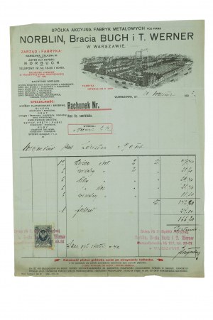 NORBLIN , bratři Buchové a T. Werner , účet s panoramatem továrny ve Varšavě , datovaný 30. září 1926.