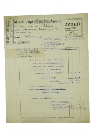 IGNACY LINKE Sklad nábytku Poznaň Piekary 22/23, súbor: účet, dodací list, potvrdenie o zaplatení, z novembra a decembra 1926.
