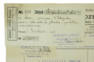 IGNACY LINKE Sklad nábytku Poznaň Piekary 22/23, sada: účet, dodací list, potvrzení o zaplacení, datováno listopad-prosinec 1926.