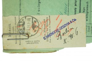 Reçu douanier daté du 5 octobre 1923 pour le transport de E.Haendcke-Segovia & Co. Berlin à Poznan, de publicités multicolores et de catalogues unicolores.