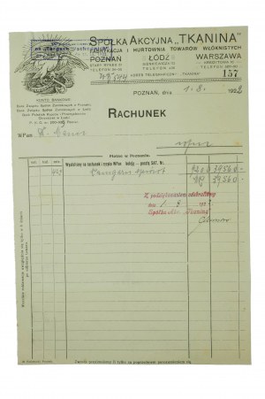 Akciová spoločnosť TKANINA Fabrykacja i hurtownia towarów włóknistych Poznań-Łódź-Warszawa , účet z 1.8.1922.