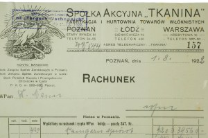 Akciová spoločnosť TKANINA Fabrykacja i hurtownia towarów włóknistych Poznań-Łódź-Warszawa , účet z 1.8.1922.
