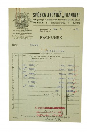 Akciová společnost TKANINA Výroba a velkoobchod s vlákninovým zbožím , ÚČET ze dne 11.7.1922.