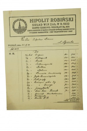 HIPOLIT ROBIŃSKI Skład win , RACHUNEK Poznań 23.XII.1920r.