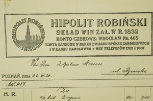 Negozio di vini HIPOLIT ROBIŃSKI , RACHUNEK Poznań 23.XII.1920r.