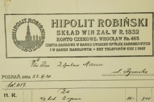 HIPOLIT ROBIŃSKI Skład win , RACHUNEK Poznań 23.XII.1920r.