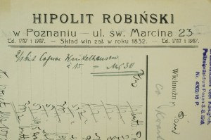 HIPOLIT ROBIŃSKI v Poznani ul. św. Marcina 23 , ÚČET ze dne 3.10.1917.