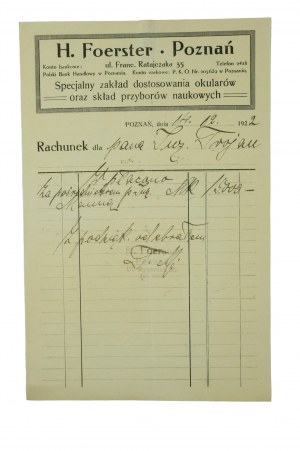 H. FOERSTER Poznań Specjalny zakład dostosowania okularów oraz skład przyborów naukowych, RACHUNEK datowany 14.12.1922r.