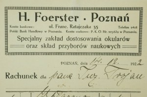 H. FOERSTER Poznaň Špeciálna továreň na úpravu okuliarov a zloženie vedeckých pomôcok, ÚČET zo 14.12.1922.