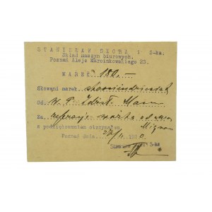 Stanisław Skóra Skład maszyn biurowych Poznań Al. Marcinkowskiego 23, POKWITOWANIE z lutego 1920r.