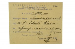 Stanisław Skóra Negozio di macchine per ufficio Poznań Al. Marcinkowskiego 23, POKWITOWANIE del febbraio 1920.