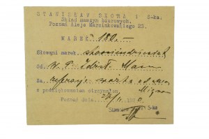 Stanisław Skóra Skład maszyn biurowych Poznań Al. Marcinkowskiego 23, POKWITOWANIE z lutego 1920r.