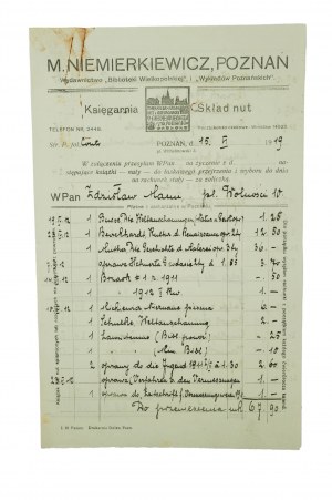 M. NIEMIERKIEWICZ Buchhandlung Poznan Zusammenstellung von Notizen , RECHNUNG vom 15.VI.1919.