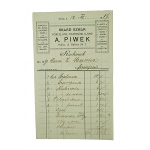A. PIWEK Kalisz Skład szkła , porcelany , fajansów i lamp, RACHUNEK datowany 12.XII.1917r.