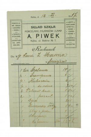 A. PIWEK Kalisz Sklad skla, porcelánu, fajansy a svietidiel, ÚČTOVNÝ LIST z 12.XII.1917.