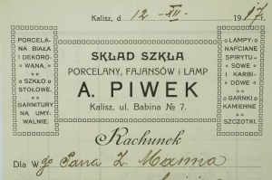 A. PIWEK Kalisz Storehouse of glass , porcelain , faience and lamps, ACCOUNT dated 12.XII.1917.