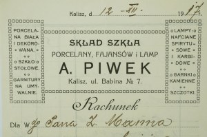 A. PIWEK Kalisz Skład szkła , porcelany , fajansów i lamp, RACHUNEK datowany 12.XII.1917r.