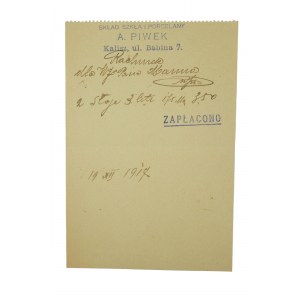 A. PIWEK Skład szkła i porcelany , Kalisz ul. Babina 7 RACHUNEK z dnia 19.XII.1917r.