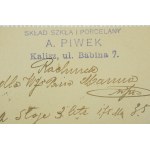 A. PIWEK Skład szkła i porcelany , Kalisz ul. Babina 7 RACHUNEK z dnia 19.XII.1917r.