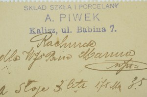 A. PIWEK Storehouse of glass and porcelain , Kalisz ul. Babina 7 ACCOUNT dated 19.XII.1917.
