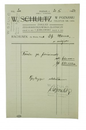 W. SZULC [SCHULTZ] à Poznañ Zakład zegarmistrzowsko-złotniczy i jubilerski, RACHUNE daté du 21.VIII.1923r. repos pour anneau