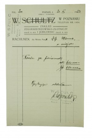 W. SZULC [SCHULTZ] in Poznañ Zakład zegarmistrzowsowsko-złototniczy i jubilerski, RACHUNE datato 21.VIII.1923r. riposo per anello