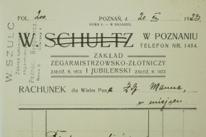 W. SZULC [SCHULTZ] in Poznañ Zakład zegarmistrzowsowsko-złototniczy i jubilerski, ACCOUNT dated 21.VIII.1923r. rest for ring