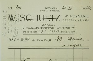 W. SZULC [SCHULTZ] w Poznaniu Zakład zegarmistrzowsko-złotniczy i jubilerski, RACHUNEK z dnia 21.VIII.1923r. reszta za pierścionek