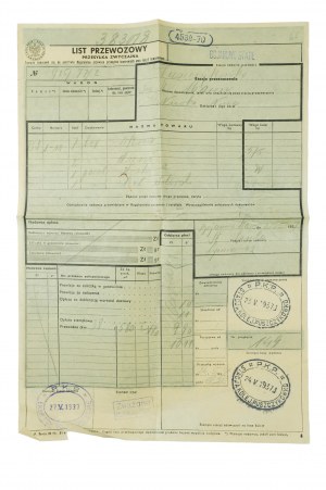 PKP waybill dated 24.V.1937 for the transport from Bojanowo Stare station to Puszkowyk of ordered windows, doors, boards and carpenter's putty