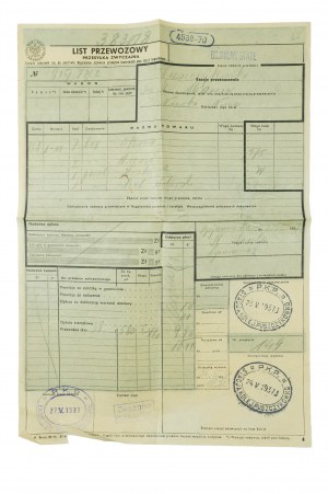 PKP-Frachtbrief vom 24.V.1937 für den Transport von bestellten Fenstern, Türen, Brettern und Zimmerspachtel vom Bahnhof Bojanowo Stare nach Puszczyk
